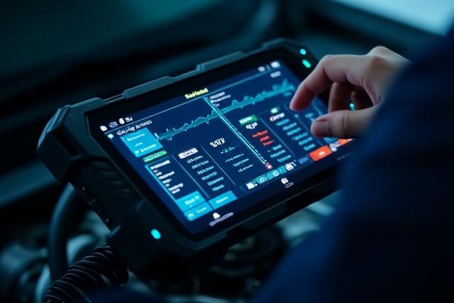 Motor-Diagnosegerät an Fahrzeug angeschlossen